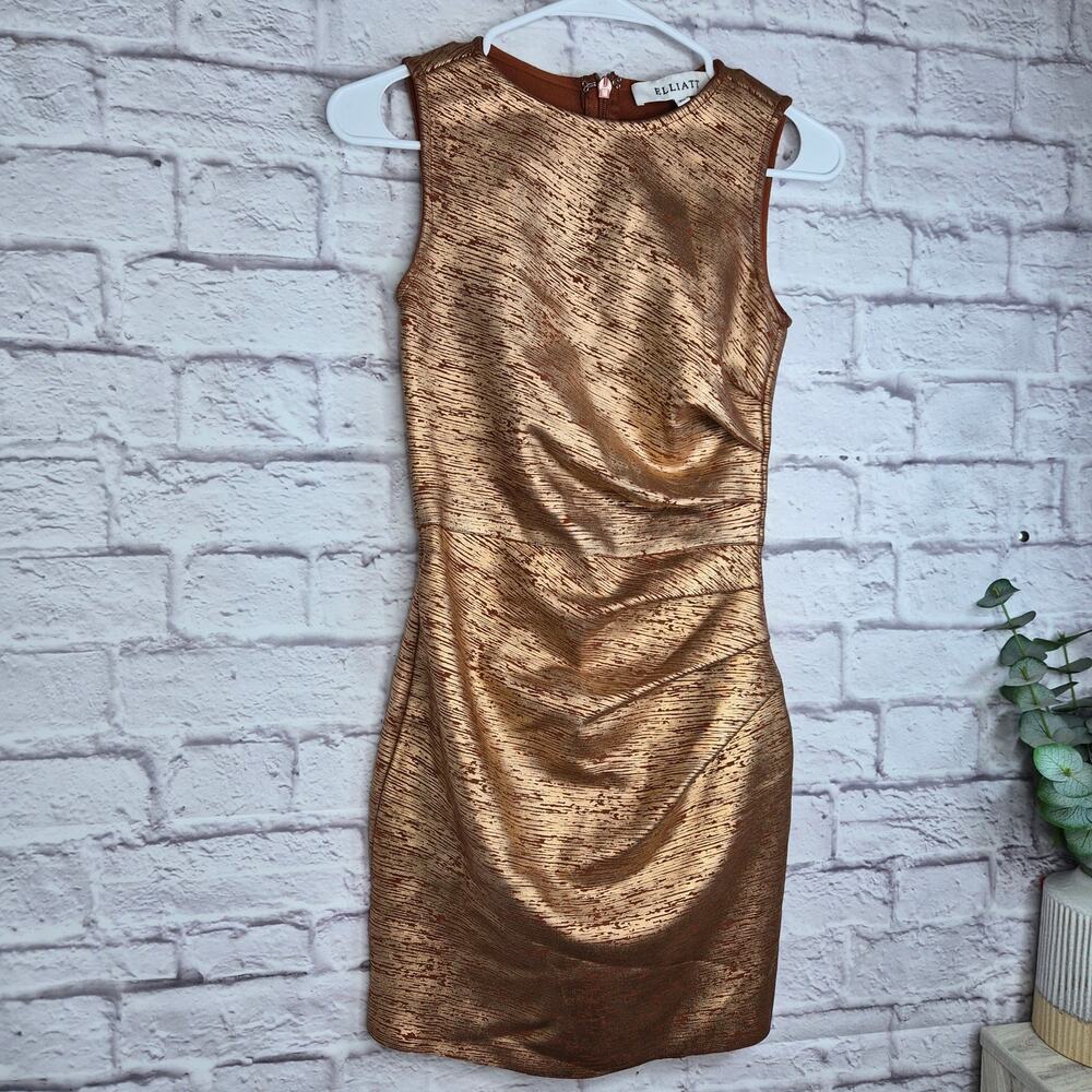 ELLIATT Rhian Metallic Ruched Mini Dress Homecoming Bodycon XS Cocktail Bronze - Picture 3 of 10